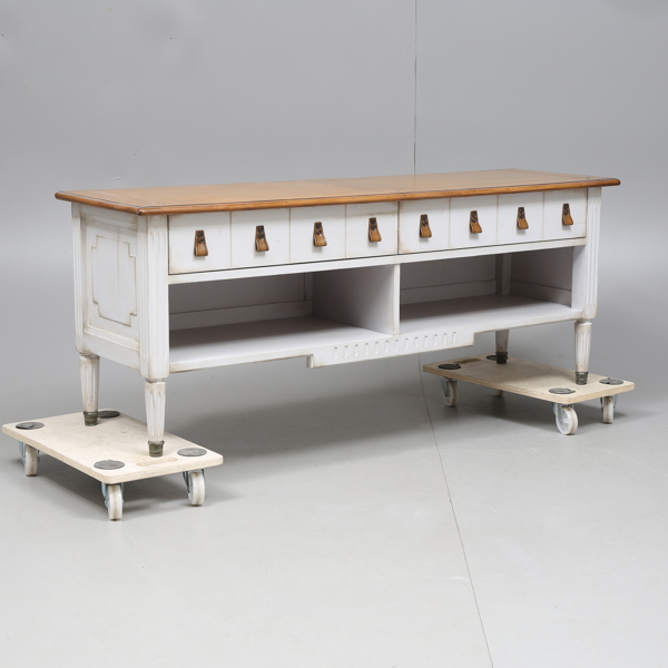 MEDIA TABLE, two drawers, solid linden with solid cherry top, style Louis, "Jacob", Grange, 2000s / Available in stores in France, price around SEK 19,000_1162a_lg.jpeg